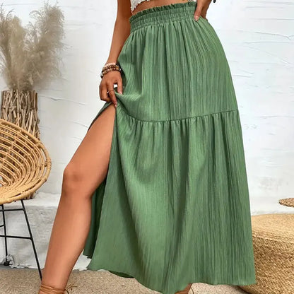 Fairyshely Casual Green Split Long Skirt Women 2025 Summer Ruffle High Waist Midi Skirt Lady Elegant Solid A line Pleated Skirt