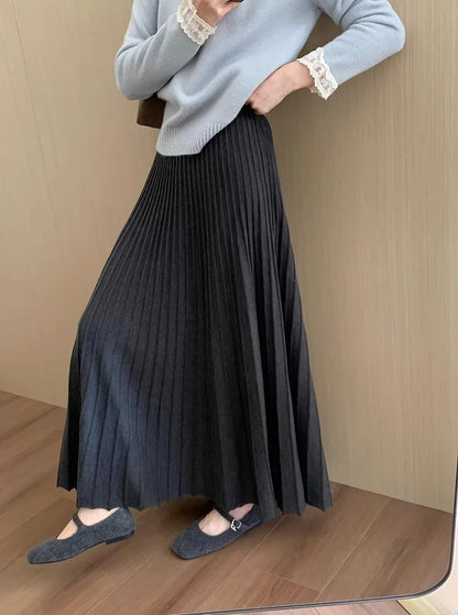 2026 Khaki Cashmere Knitted Midi Skirt for Women, Loose Fit, Draped, Slimming A-Line Pleated Skirt for Autumn and Winter