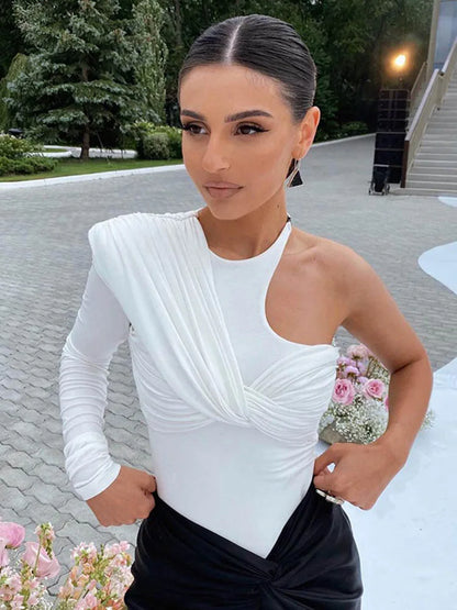One Shoulder Sexy Backless Twist Bodysuits Women Long Sleeve Top Slim High Waist Bodysuit Club Party Streetwear.