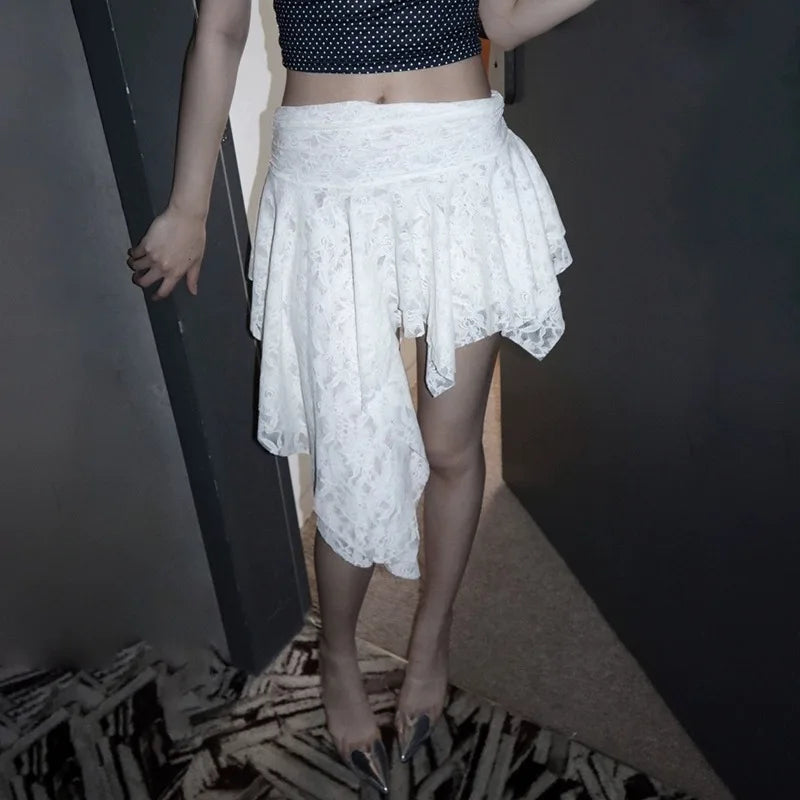 Asymmetrical Lace Skirt Pants Women High Waist Layered Skirt Y2k Japanese Vintage Jacquard Short Skirt 2025 Spring Clothing