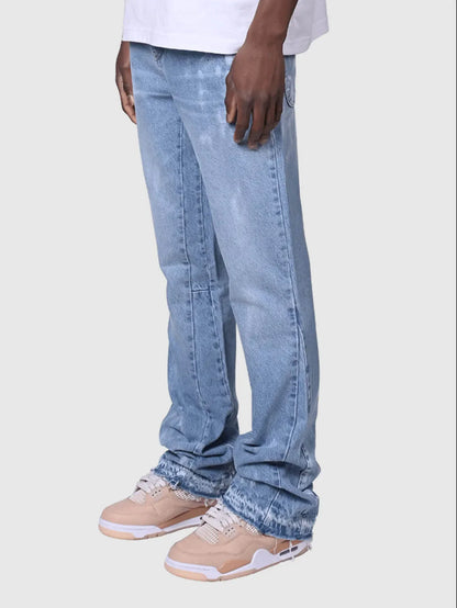Men's Fashion Jeans Work Pants, European and American Fashion Workwear Elastic Patchwork Denim Layered Flared Pants S-XXL.