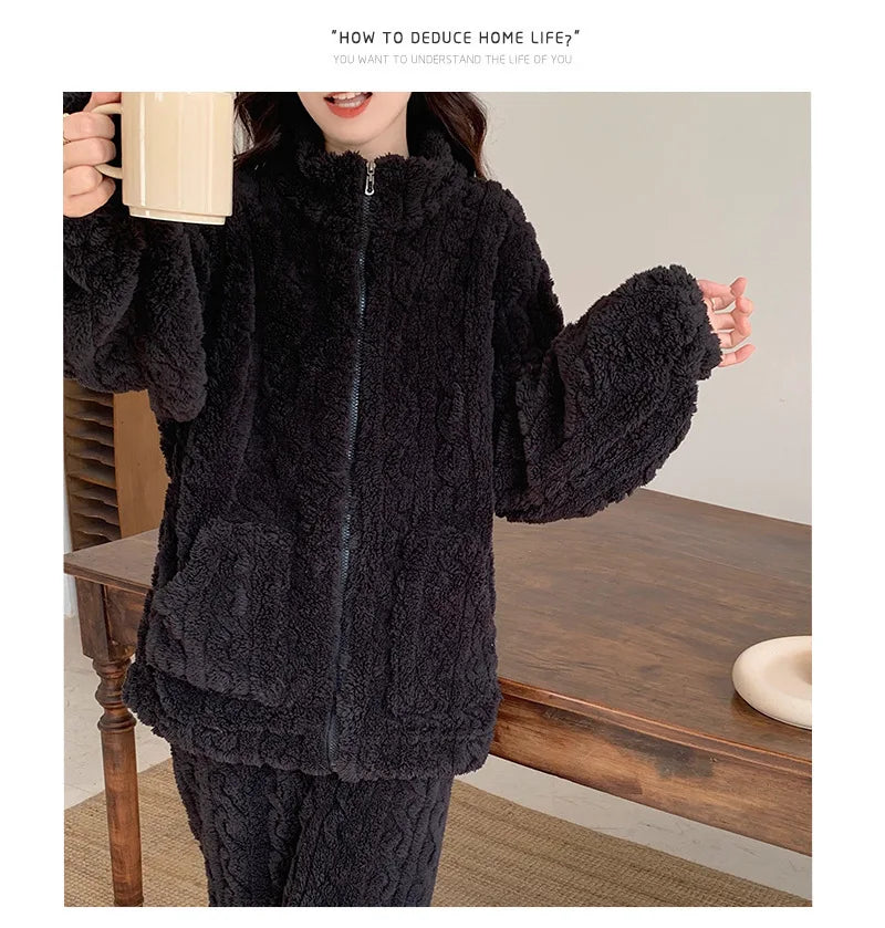 Große Größe Flanell Pyjama Set Herbst Winter Weibliche Nachtwäsche Hosen Anzug Verdicken Korallen Fleece Hohe Kragen Lounge Tragen Homewear.