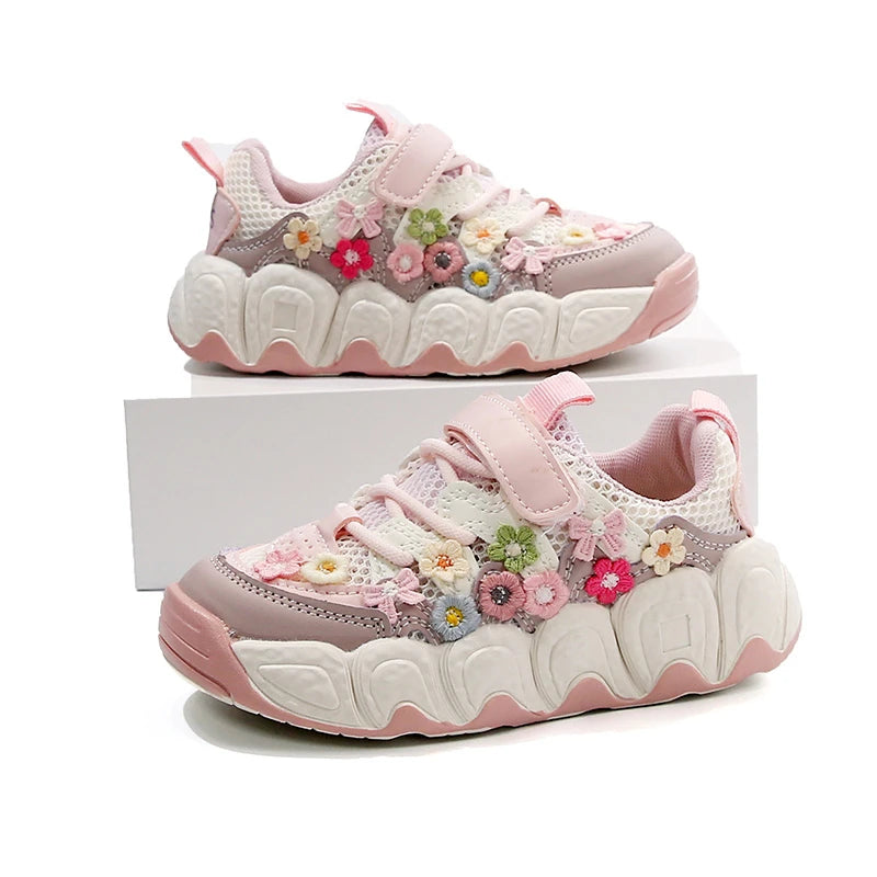 Girls Flowers Sports Shoes Children Princess Embroidered Running Shoes Air Mesh Girls Casual Sneakers Summer 2025 New.