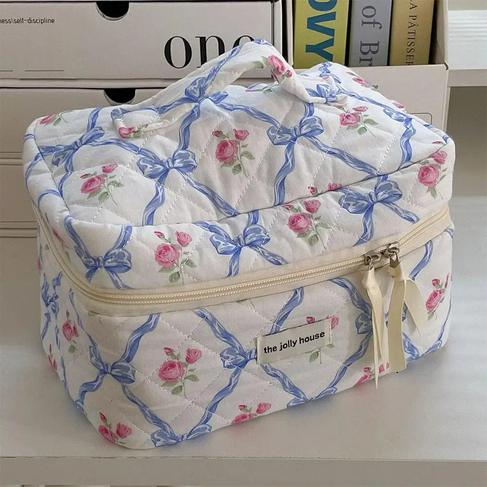 Cute Bow Flower Quilting Makeup Bag Women Zipper Cosmetic Organizer Female Cloth Handbag Portable Toiletry Case For Girls