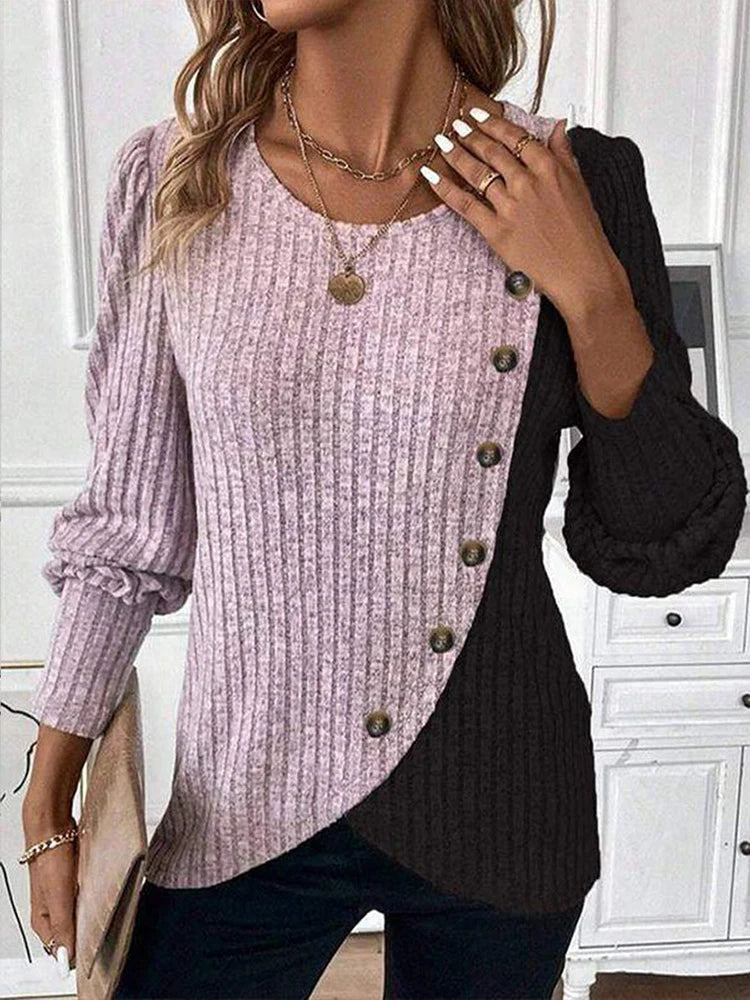 Herbst Langarm Tasten Pit Gestreiften Frauen Pullover Kontrast Farbe Lange Hülse O-ansatz Pullover Lose Einfache Gestrickte Kleidung.