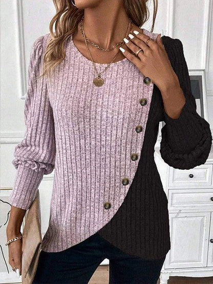 Herbst Langarm Tasten Pit Gestreiften Frauen Pullover Kontrast Farbe Lange Hülse O-ansatz Pullover Lose Einfache Gestrickte Kleidung.