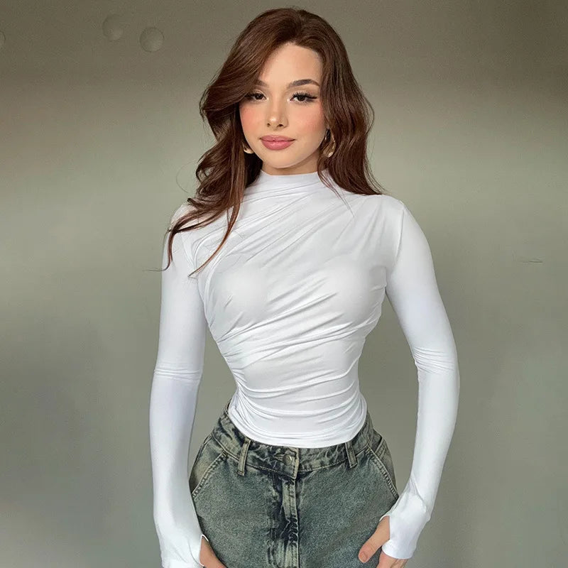 New fashion women's casual slim fit pleated high neck long sleeved solid color top t-shirt.