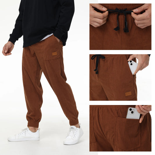 Mens Corduroy Sweatpants Elastic Waist Drawstring Tapered Pants With 4 Pockets for Jogging Running Outdoor Warm Sports.