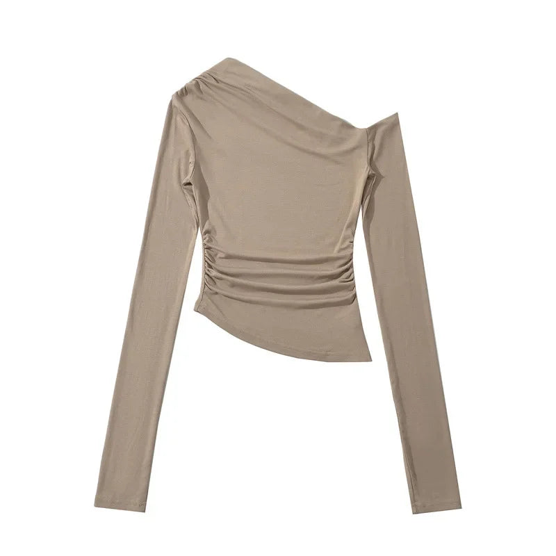 Slim Fit Long Sleeve T-Shirt Irregular Hem Slant Collar Pleated Pure Desirable Sexy Top for Women Fashionable Autumn New Style.