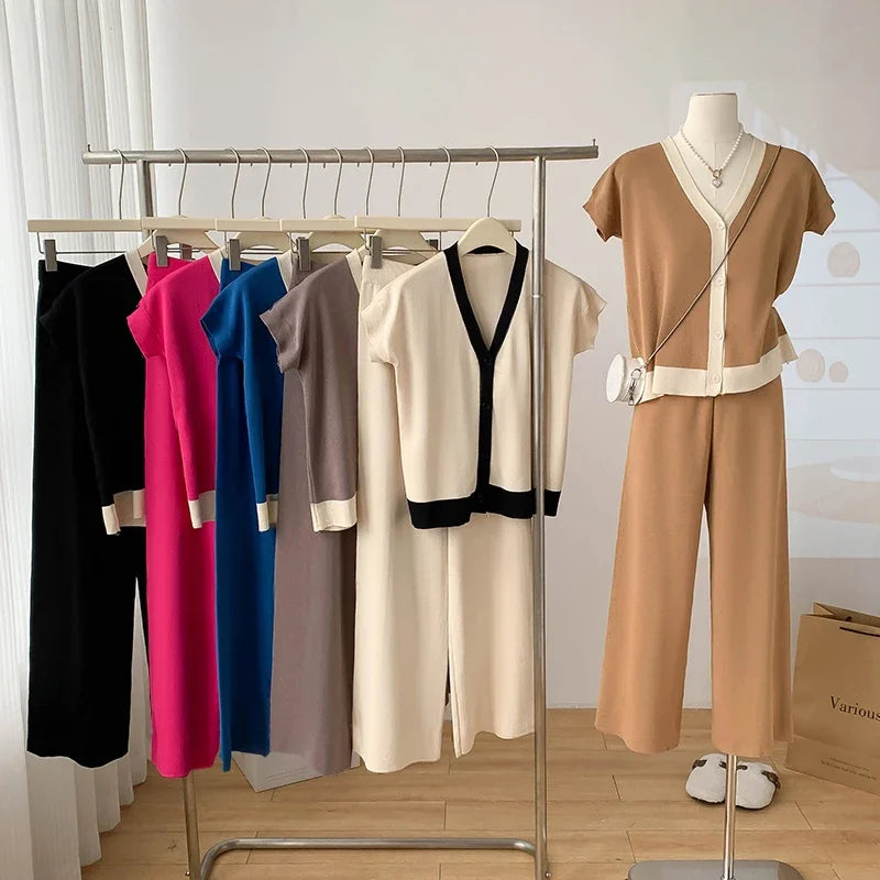 Fashion Knitted 2 Pieces Sets Women V-Neck Single Breasted Cardigan+High Waist Wide Leg Long Pants 2024 New Solid Sweater Suits.