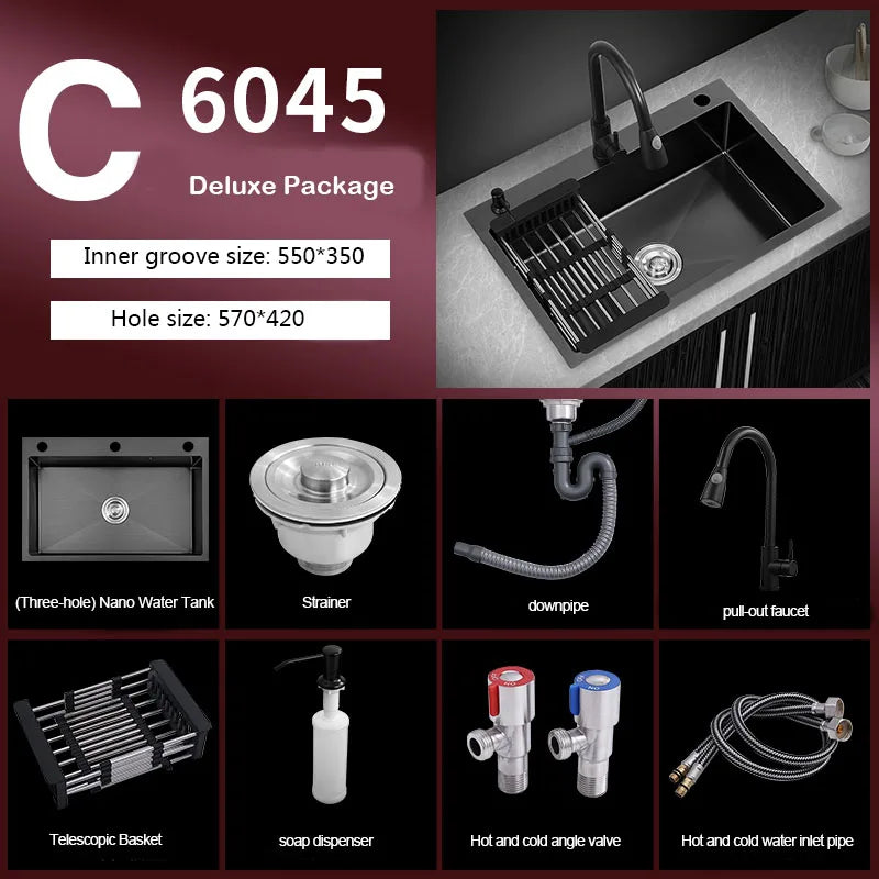 kitchen sink Black nano-sink single-slot household hand-washing basin kitchen large 304 stainless steel sink sink bowl