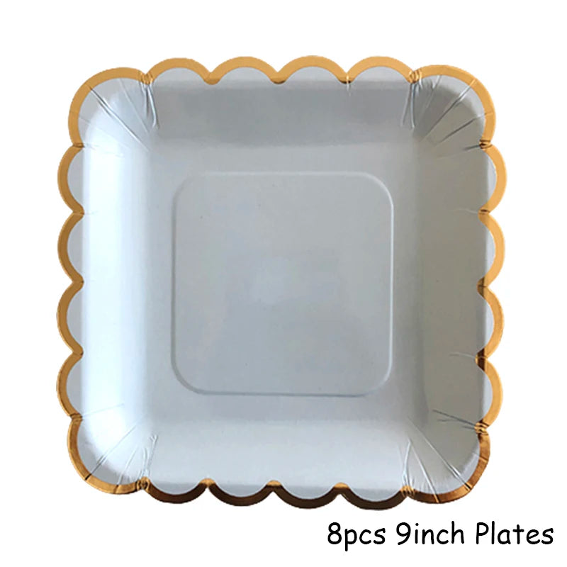 Gold Blue Party Disposable Tableware Paper Straw Cups Plates Napkins Baby Shower Favors Birthday Wedding Decor Party Supplies.