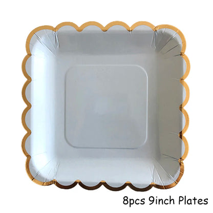 Gold Blue Party Disposable Tableware Paper Straw Cups Plates Napkins Baby Shower Favors Birthday Wedding Decor Party Supplies.