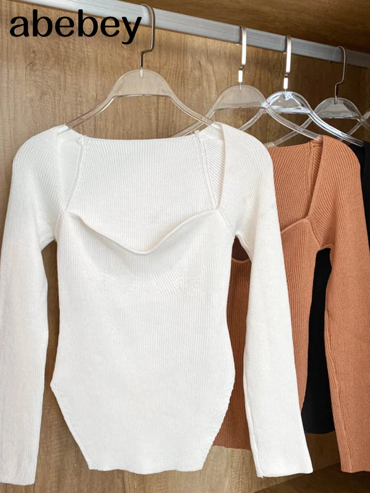 Quadrat Kragen Langarm Frau Pullover Gestrickte Pullover Frauen Frühling Herbst Pullover Winter Tops Für Frauen Schwarz Weiß Jumper.