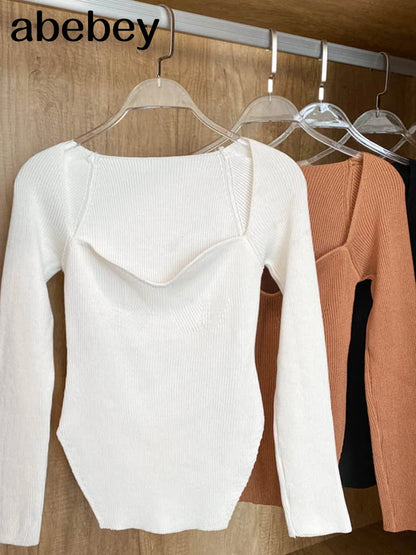 Quadrat Kragen Langarm Frau Pullover Gestrickte Pullover Frauen Frühling Herbst Pullover Winter Tops Für Frauen Schwarz Weiß Jumper.