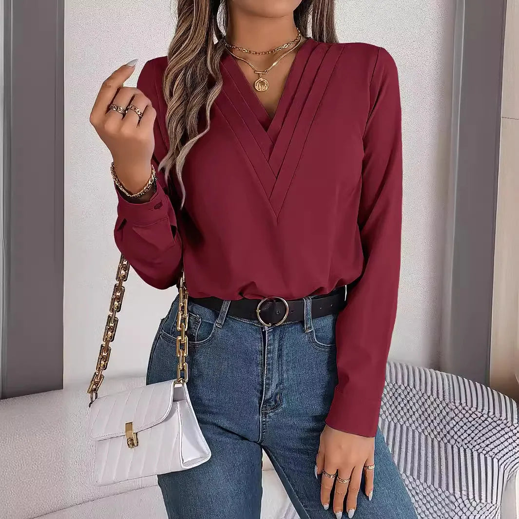 Summer And Autumn Women's Casual Shirt, Commuting Style Solid Color V-neck Long Sleeve Shirt Top.