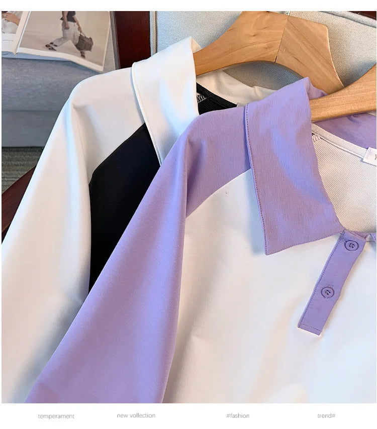 170kg plus size Damen büste Frühling Herbst loser Polo kragen kontrastieren des Sweatshirt schwarz lila 4xl 5xl 6xl 7xl 8xl 9xl.