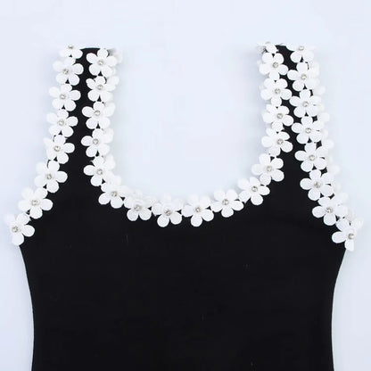 TRAFZA Weibliches Sommer-Sexy-dünnes Kleid, 2-farbig, fester quadratischer Kragen, ärmellos, rückenfrei, Blumendekoration, Damenmode-Kleider.