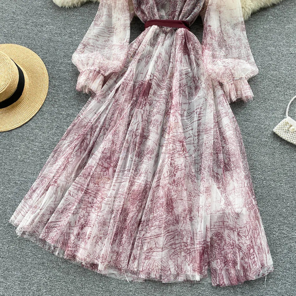 Elegante Frauen Mesh Kleid Vintage Laterne Ärmeln Gedruckt Party Kleider Frühling Sommer Patchwork A Line Bandage Strand Kleid.