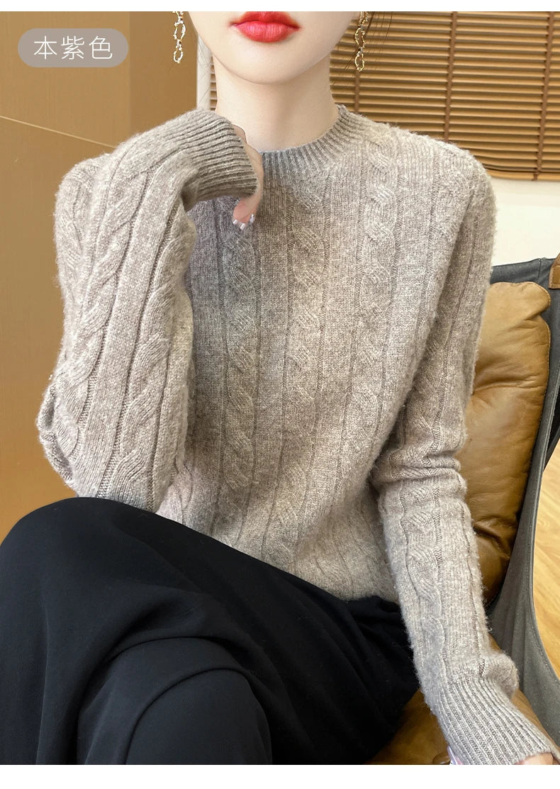 Frauen 100% Merino Wolle Verdickung Pullover Oansatz Gestrickte Twisted Pullover Herbst Winter Kaschmir Langarm Kleidung Basis Tops.