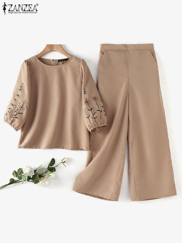 ZANZEA Fashion Women 3/4 Sleeve Embroidery Blouse Pants Sets Autumn 2PCS Floral Tracksuit Casual Loose Wide Leg Trousers Suits