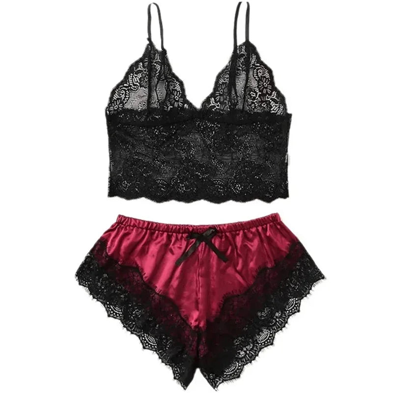 Damen sexy Spitze Nachtwäsche Spitze Nachthemd Dessous ärmellose V-Ausschnitt Babydoll Pyjamas Set Dessous Tops Shorts Set Nachtwäsche.