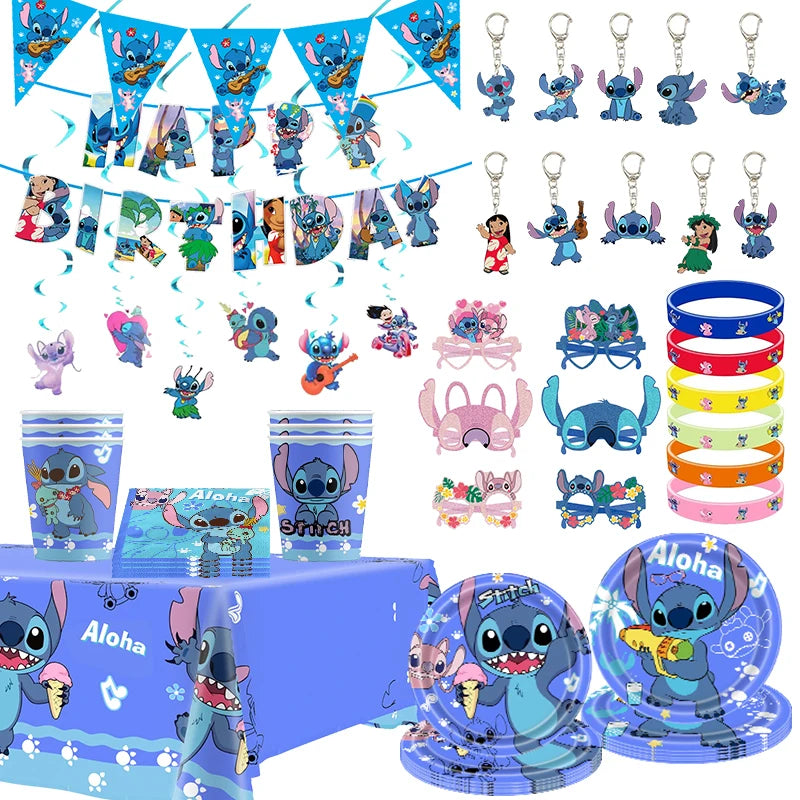 Stitch Party Supplies für Kinder Lilo und Stitch Geburtstag Party Dekorationen Luftballons Banner Tischdecke Hintergrund Geschirr.