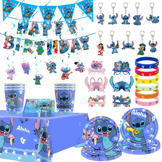 Stitch Party Supplies für Kinder Lilo und Stitch Geburtstag Party Dekorationen Luftballons Banner Tischdecke Hintergrund Geschirr.