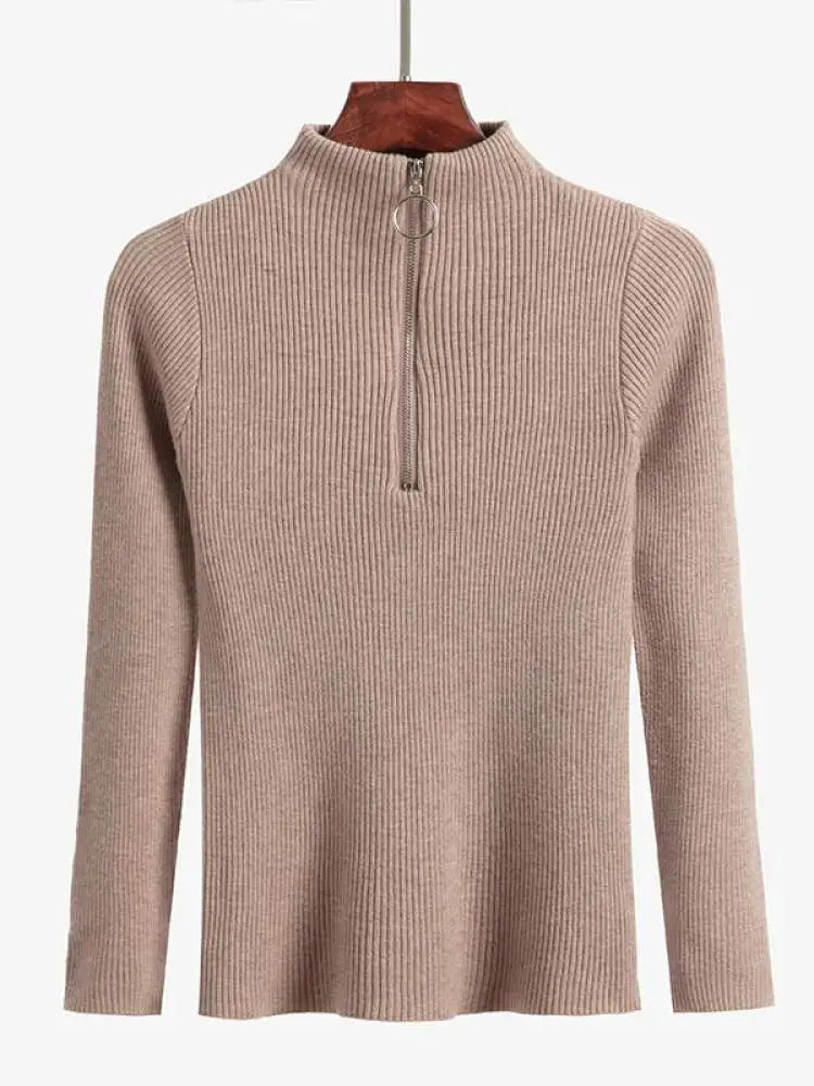 Frauen Fashion Solid Strick Pullover Vintage Langarm Zip-up Grundlegende Hälfte Rollkragenpullover Weibliche Pullover Chic Casual Tops.