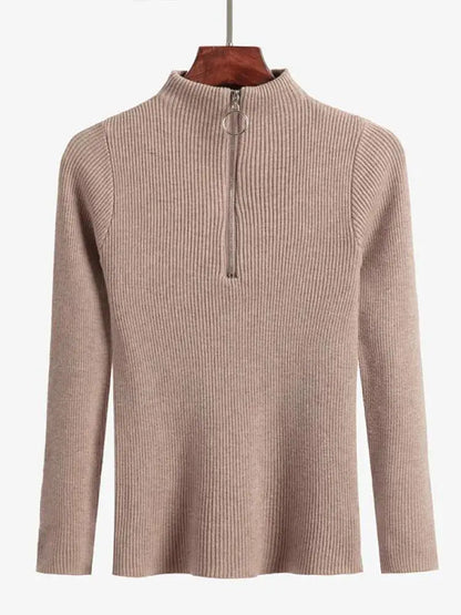Frauen Fashion Solid Strick Pullover Vintage Langarm Zip-up Grundlegende Hälfte Rollkragenpullover Weibliche Pullover Chic Casual Tops.