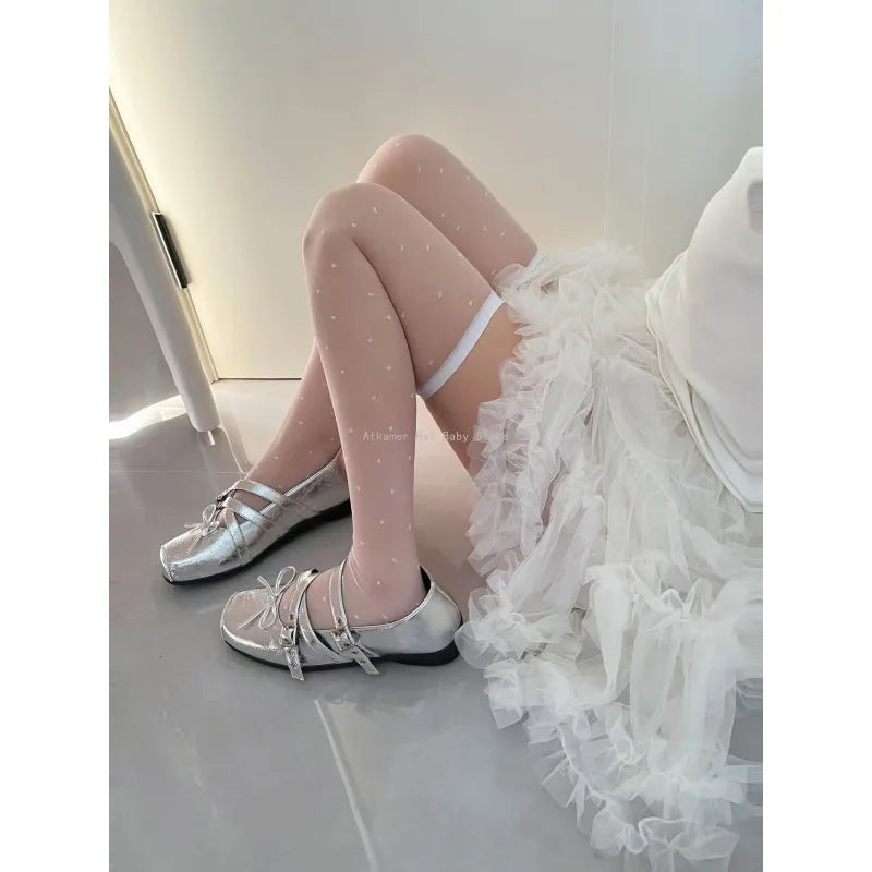 Love Polka Dot Sexy Lace Stockings Women's Japanese Style Jk Ultra-thin Core-spun Knee Socks.