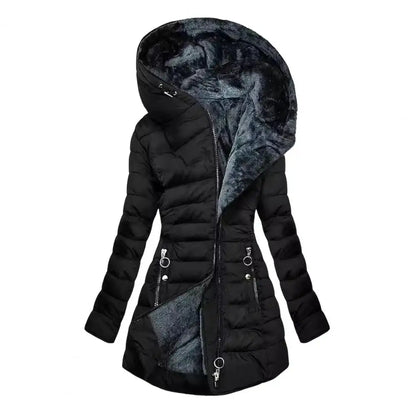Verdickte Damen-Winterjacke, gepolstertes Plüschfutter, gepolsterter Reißverschluss, mittellange Kapuzenoberbekleidung, warmer Daunenmantel.