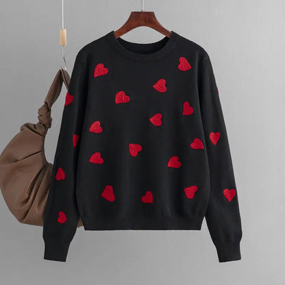 Frauen Herz Druck Gestrickte Pullover Herbst Winter Lose Pullover Elegante Strickwaren Jumper Valentinstag Tops.