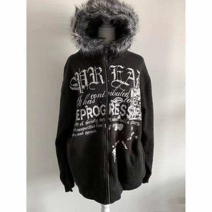 Korean Fashion Sweatshirts Harajuku Gothic Printed Coats Jackets Subculture Vintage Faux Fur Hooded Women Casual Y2k Clothing.