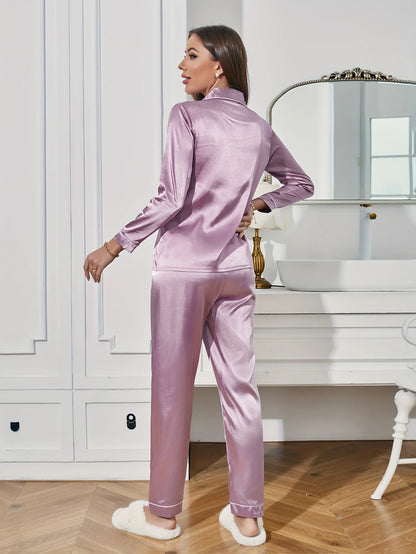 Solides Pyjama-Set mit langen Ärmeln, Knopfleiste, Revers, Oberteil und Hose, Pyjama-Set, Damen-Nachtwäsche und Loungewear