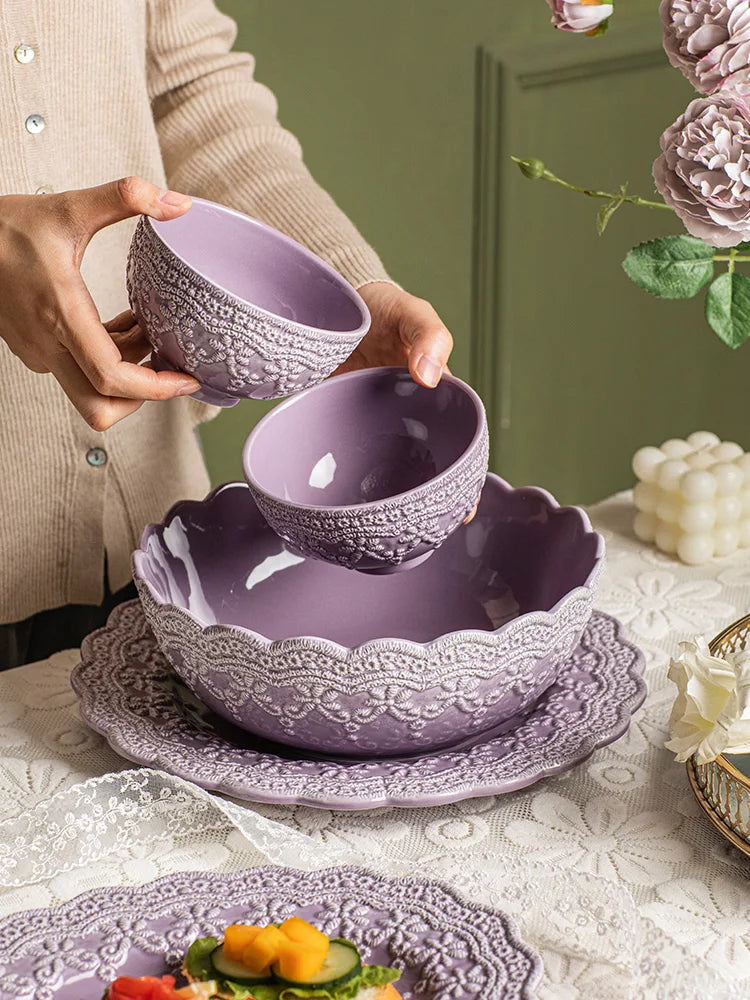 Solid Color Ceramic Tableware Lace Embossed Ceramic Tableware Bowl Plate Cup Rustic Irregular Dinner Plate  Dinner Plates.