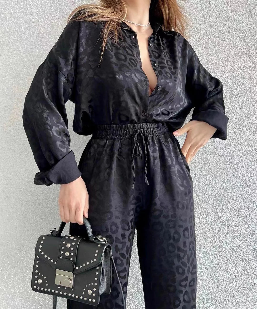 2024 Autumn White Satin Wide Leg Trousers Suit For Women Office Leopard Print Two-Piece Set Home Tracksuit Female Pajamas Sets.