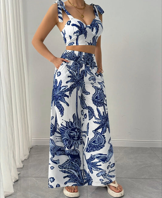 Two Piece Sets Women Pant Print Sling Tops High Waist Wide Leg Pants Drawstring Matching Sets Casual Backless Tops Summer 2025.