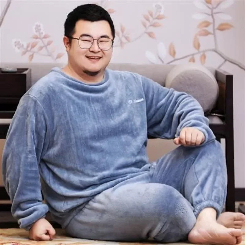 Winter Pajamas Coral Fleece Warm Pajamas Set Thick Long Sleeve Large Size 85kg Outside Pajamas Elastic Waist Trousers Pajama Set.