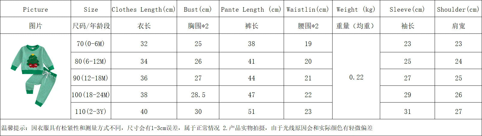 Weihnachts-Baby-Kleidung aus Baumwolle, 2-teiliges Set, 0–3 Jahre, gestreiftes Sweatshirt und Hose für Kleinkinder mit besticktem Weihnachtsbaum-Outfit.