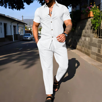 A fashionable and trendy two-piece short-sleeved shirtwithlong pants is perfect for men's daily casual wear in spring and autumn.