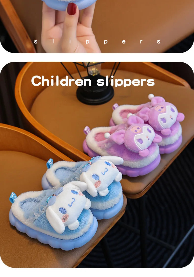 Sweet Family Winter Warm Slippers Cute Kawaii Sandals Kuromi My Melody Hello Kitty Soft Sole Shoes.