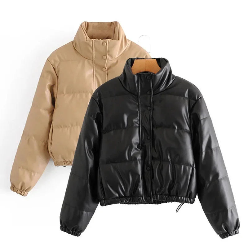 Winter frauen Jacke Dicke Warme Kurze Parka Schwarz Pu Leder Mäntel Frau Parkas Elegante Zipper Baumwolle Jacken Mantel Weibliche neue.