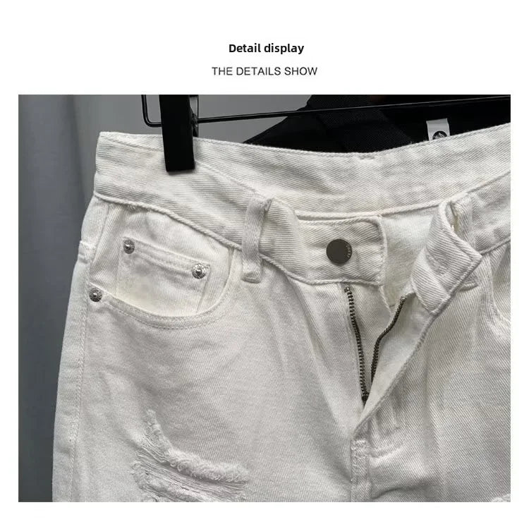 New Men's Denim Shorts Trendy Solid Color Ripped Slim Fit High Waist Elastic Waist Breathable Quick Dry Cotton Pants.