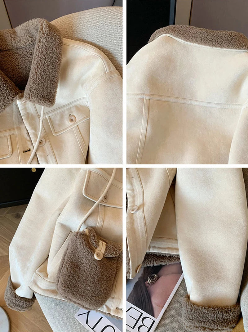 Wildleder Samt Lamm Jacke Frauen Herbst Winter Dicke Warme Turndown Kragen Mantel Y2K Lose Streetwear Alle Spiel Langarm Outwear.