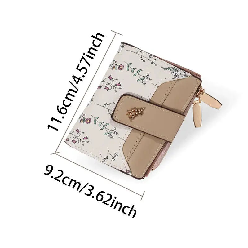 Slim Pu Leather Short Wallet Ins Multi Card Zipper Coin Wallet Strap Small Flower Card Bag Wallet Zipper Strap Women's Girl.