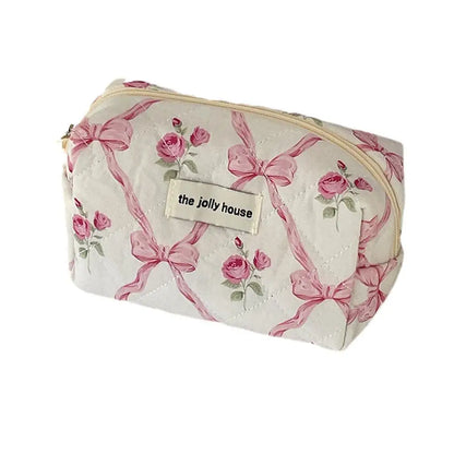 Cute Bow Flower Quilting Makeup Bag Women Zipper Cosmetic Organizer Female Cloth Handbag Portable Toiletry Case For Girls.