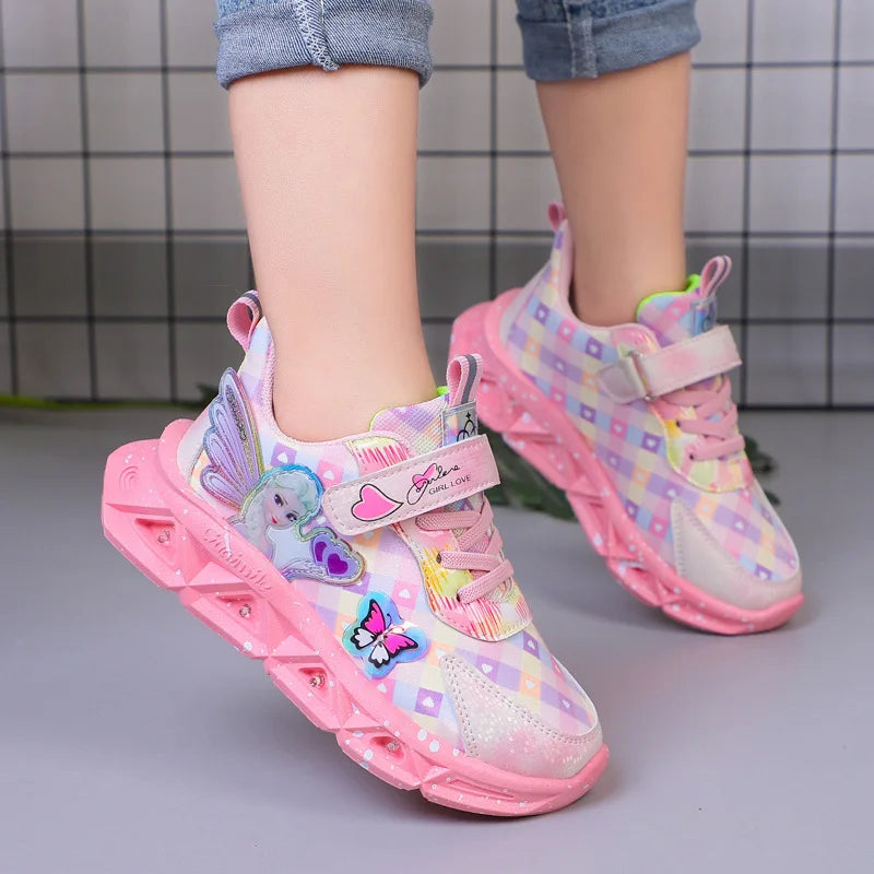 Disney Children's Sports Shoes Led Lights Sneaker Cartoon Frozen Princess  Elsa PU Leather Girls' Pink Children's Running Shoes.