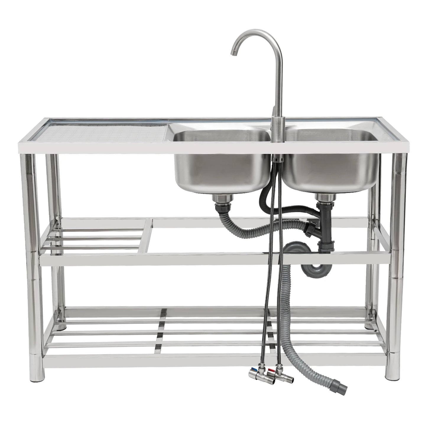Dual Sink Stainless Steel Sink, Large Capacity, 360° Rotating Faucet, Raised Edges, Layered Filtration for Kitchens
