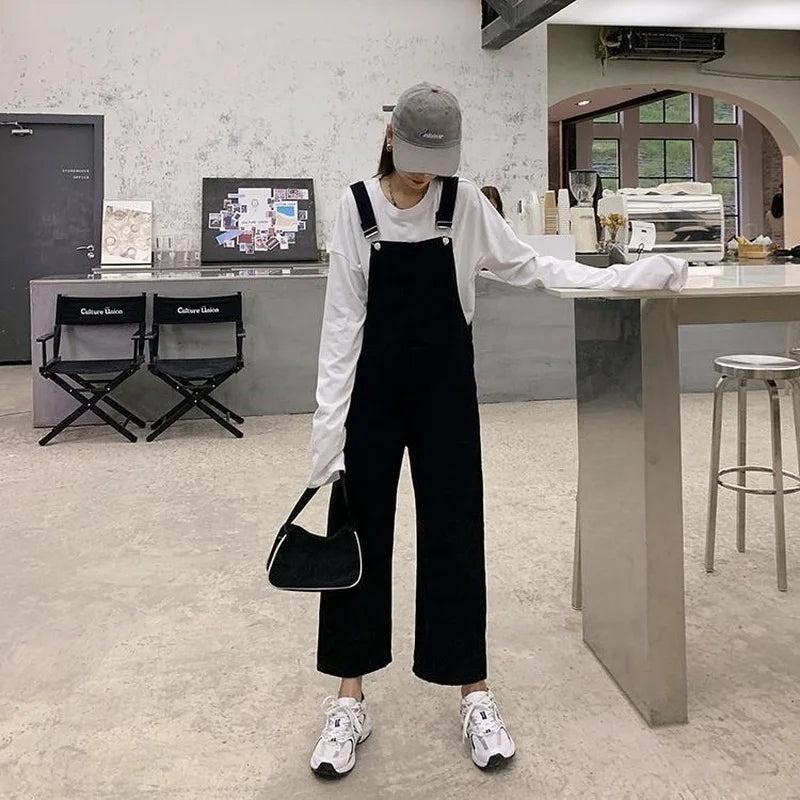 Jumpsuits Women Solid Retro Japanese Style Streetwear Denim Suspenders Trousers Harajuku Stylish Hip Hop Straight Overalls Teens.